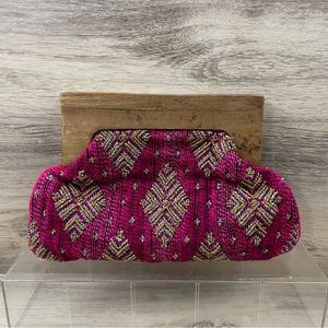 Womens Chloe & Lex Clutch Woven Pink Wood Handle Hand Bag Purse 12x9”